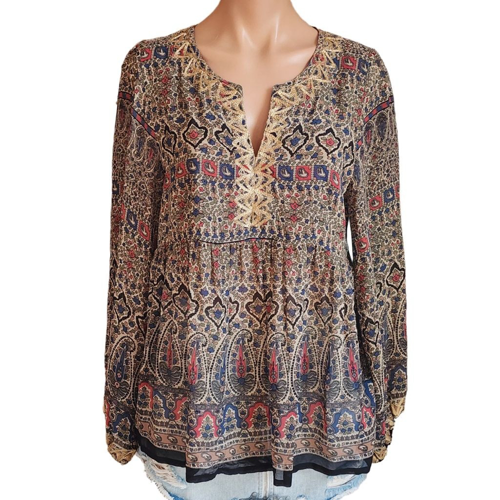 JOIE Paisley Print Silk Gold Metallic Embroidery Blouse L Multi-color